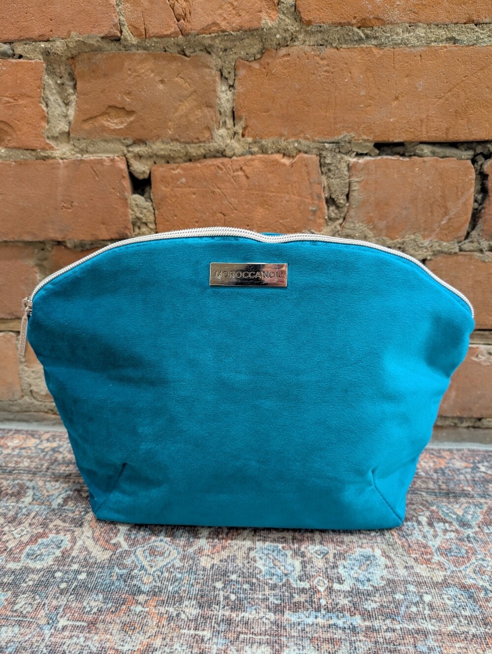 Moroccanoil Large Teal Suede Zip Makeup Pouch Cosmetic Bag Travel Organizer